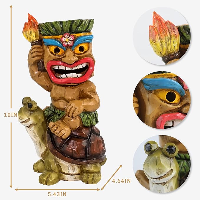 Tiki Outdoor Statue with Turtle Decor - Solar Powered Garden Figurine Tiki Art for Tiki Bar,Backyard,Garden,Yard,Flowerbed,Walkway,Patio,Lawn,Porch Decorations,Gifts