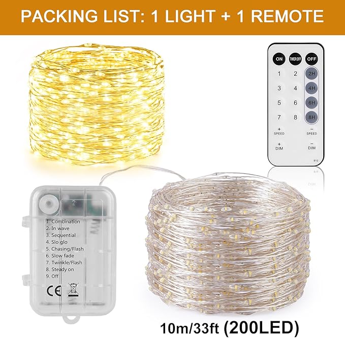 33FT 200 LED Fairy Lights Battery Operated with Timer & Remote, 8 Modes Dimmable Twinkle Lights, Waterproof Warm White Fairy String Lights for Outdoor Patio Wedding Mason Bedroom Classroom