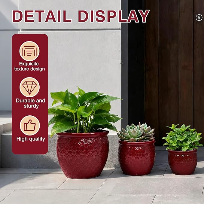 Tiered Ceramic Planter Set with Drainage Hole, 3-Piece (9/12/15 Inch) Indoor & Outdoor Flower Pots for Plants, Modern Planters for Patio, Balcony, Garden-Red