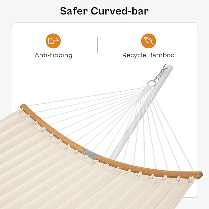 SUPERJARE Hammock with Stand, 2 Person Heavy Duty Hammock with Padded Cotton, Detachable Pillow & Strong Curved-Bar & Portable Carrying Bag, Perfect for Outdoor & Indoor, Beige