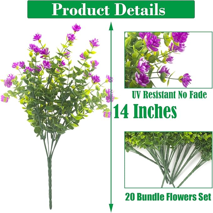 Grunyia 20 Bundles Artificial Flowers UV Resistant Fake Flowers No Fade Faux Plants Garden Porch Window Box Decorating (Purple)