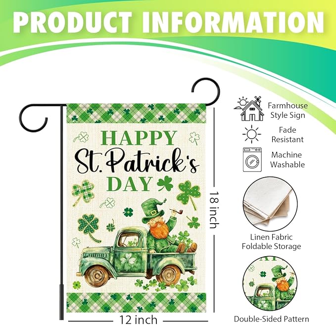 Happy St Patricks Day Garden Flag 12x18 Inch Double Sided,Leprechaun Shamrocks Truck Buffalo Plaid Outdoor Irish Decor House Porch Flag for St Patrick's Day Party and Yard Decorations