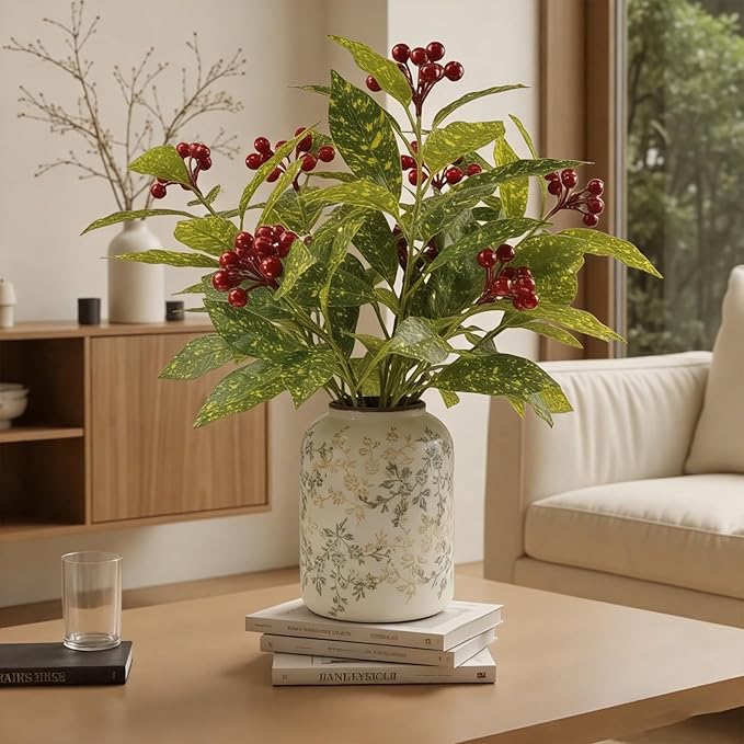 3 Pcs Artificial Greenery Plants, 18" Faux Christmas Red Berry Plants Stems for Vase Fake Leaves Branches Indoor for Table Fireplace Cabinet Livingroom Kitchen Festivals Home Decor (Yellow Green)