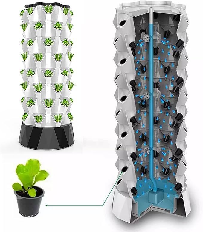 Vertical Hydroponic Tower Garden,Indoor and Outdoor Hydroponic Growing Kit, DIY Soilless Growing, with 48/64/80 Growing Points for Growing Herbs, Fruits and Vegetables,8layers