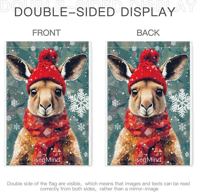 Kangaroo with Red Scarf and Hat Snowflake Christmas Garden Flag, 28x40 Inch Double Sided Linen Holiday Red Winter Farmhouse Yard Outdoor Decoration (4334)