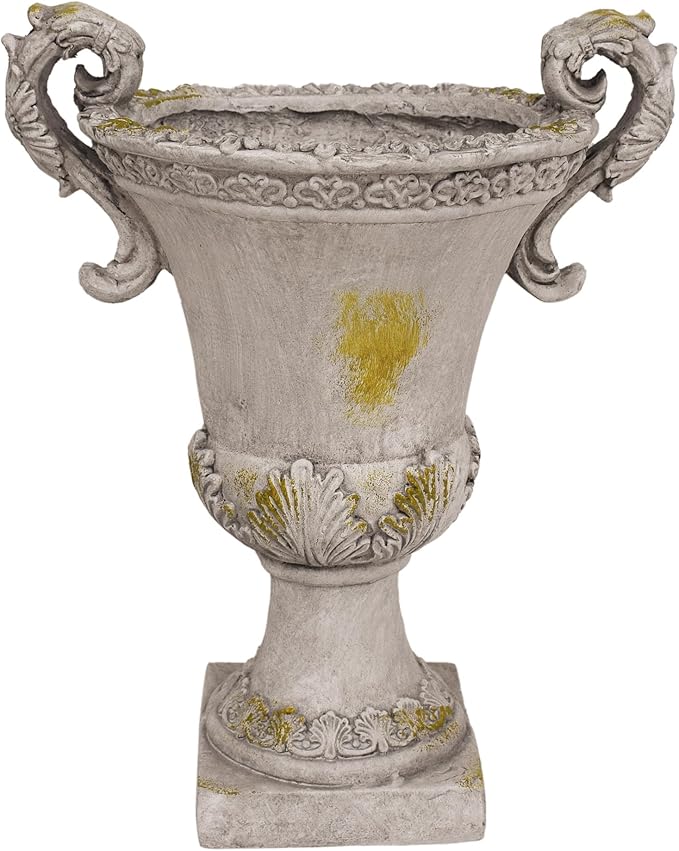 Merax 19.25'' Tall Elegant Roman Style Lightweight Concrete Planter with Botanical Accents, Square Indoor Outdoor Flower Pot with Drainage Hole & Stopper, Grey