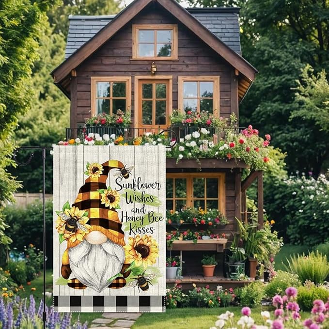 Spring Summer Buffalo Plaid Gnome garden flag Bee Sunflowers 12x18 inch Double Sided Small Burlap Home Outdoor Yard Lawn Patio Flags Decorations