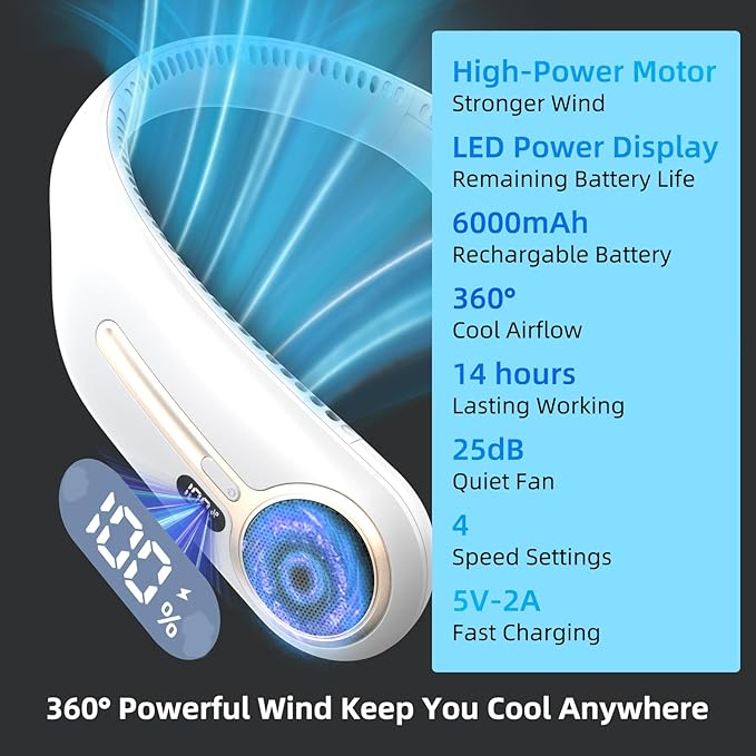 Portable Neck Fan,Hands Free Personal Wearable Bladeless Fan,6000mAh USB Rechargeable,360° Cooling,LED Display,4-Speeds,Birthday Gifts for Men Women Dad Mom,Valentines Day Gifts for Her Him (White)