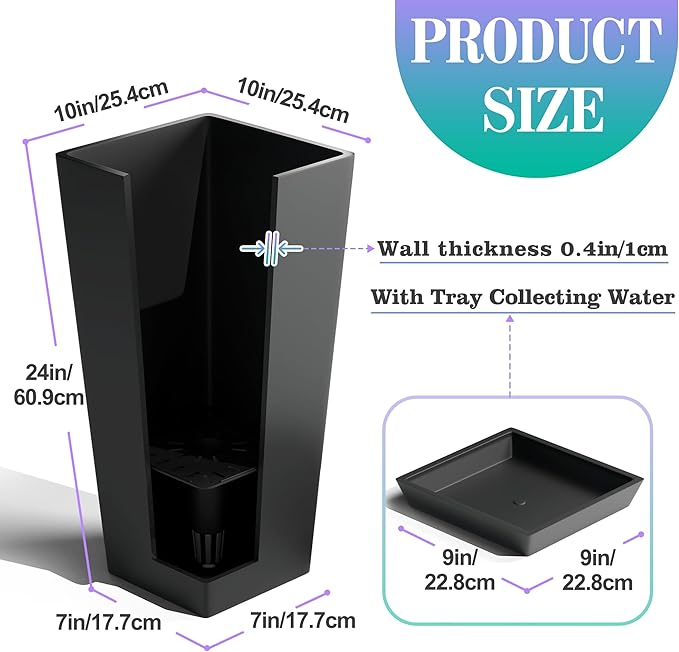TUYOHW 24 Inch Tall Tapered Square Planters (Set of 2) - Indoor Outdoor Large Flower Pots with Built-in Drainage & Matching Water Tray for Patio, Garden, Home - Black