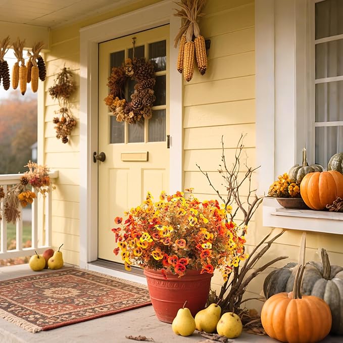 Grunyia 12 Bundles Artificial Flowers Outdoor Fake Fall Flowers for Outside Decoration UV Resistant Plastic Faux Plants for Garden Window Porch Balcony Fall Wedding Thanksgiving Decor(Mix)