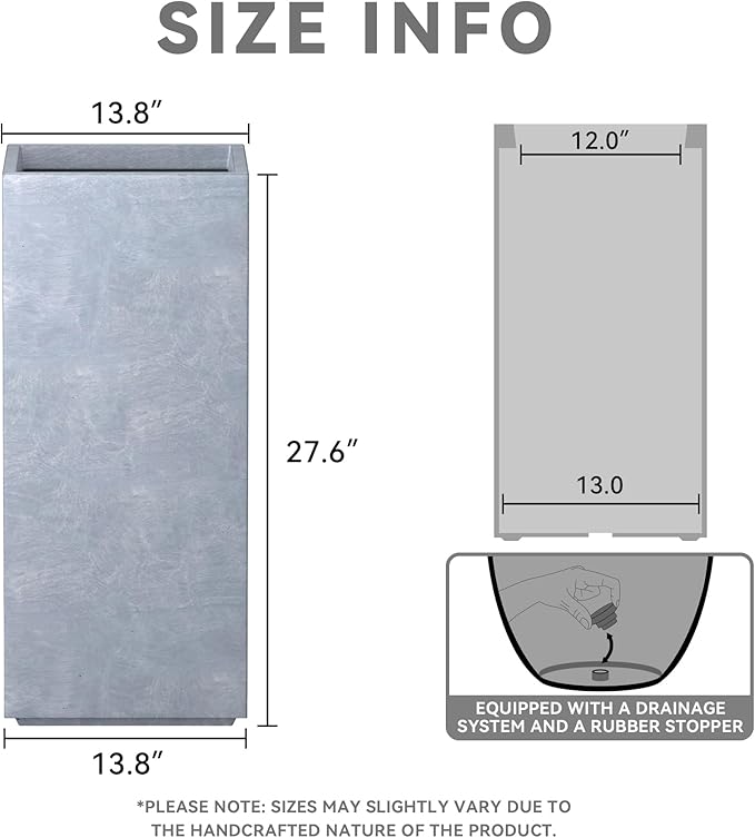 Kante 27.6" H Tall Rectangular Concrete Planter, Modern Square Diameter Plant Pot with Drainage Hole and Rubber Plug for Indoor Outdoor Home Patio Garden, Slate Gray