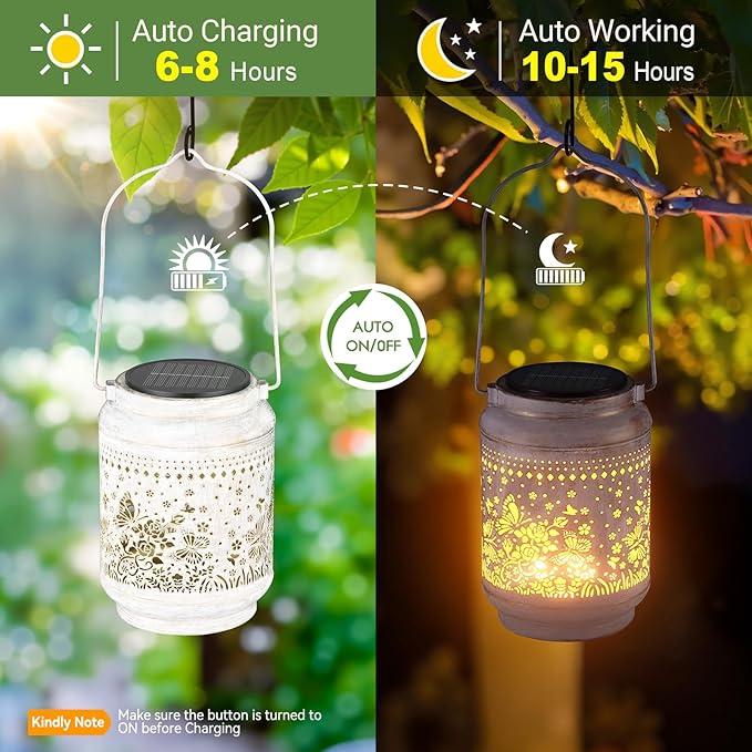 KOOPER Solar Lanterns Outdoor Waterproof Birthday Gifts for Women Mom Grandma, 2 Pack Upgraded Hummingbird Hanging Solar Lantern Lights Outdoor, Metal Outdoor Decoration for Yard (Butterfly and Rose)