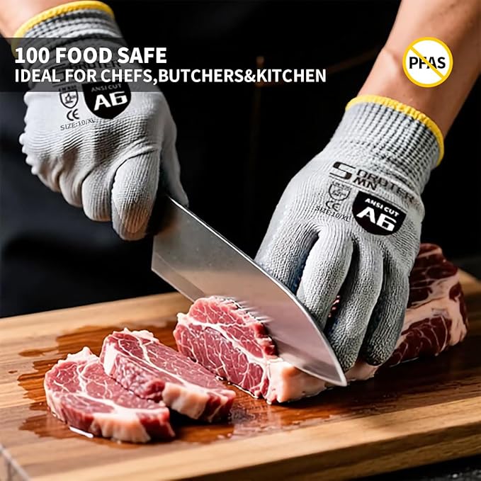 Cut Resistant Work Gloves, ANSI A6, PU Coated Palms for Flexible No Slip Grip, Food Grade, Abrasion Resistant