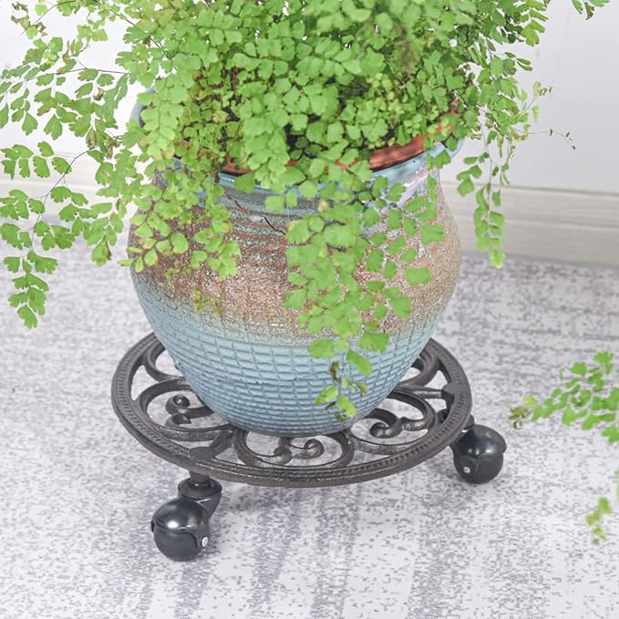 Sungmor Heavy Duty Cast Iron Plant Caddy, Set of 2 & 11 Inch Round Potted Plant Stand Flower Pot Rack on 3 Solid Wheels, Indoor Outdoor Planter Holder Trolley Casters Rolling Tray