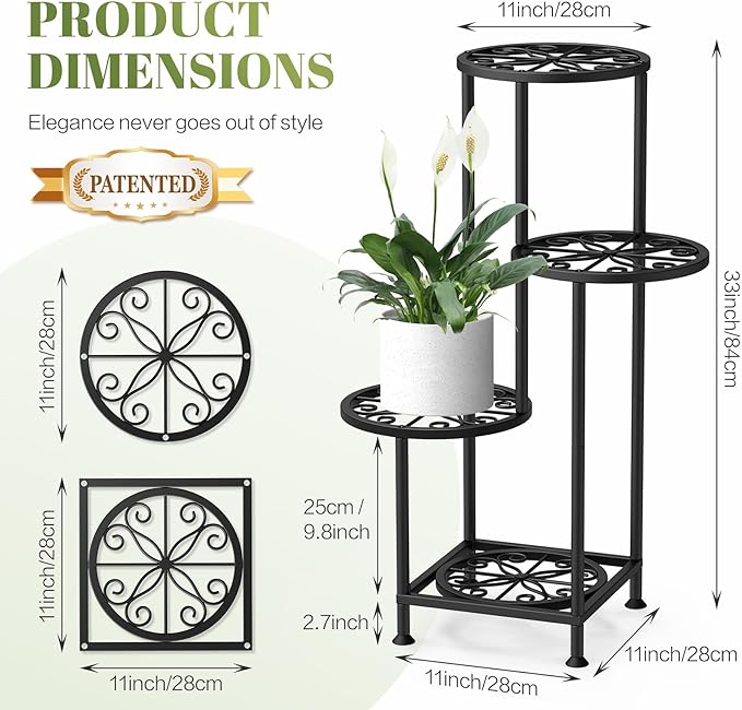 YOCOMEY 4 Tier Plant Stand Outdoor Indoor, Metal Flower Shelf Display Holder, Multiple Plants Corner Tall Flower Holders for Patio Balcony Porch Garden Living Room (Black)