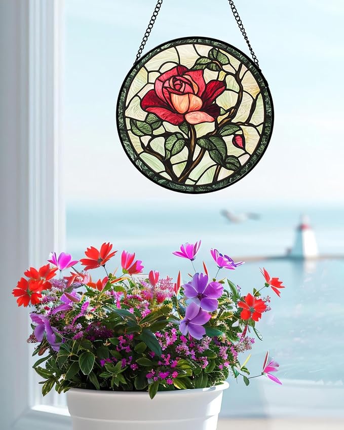AMDERVEN Stained Glass Window Hanging, Red Rose Flowers Sun Catcher for Door Garden Home Decor Suncatcher Christmas Mother's Day Birthday Gifts for Women Lovers Men Wife Girlfriend Mom Nana 15 in