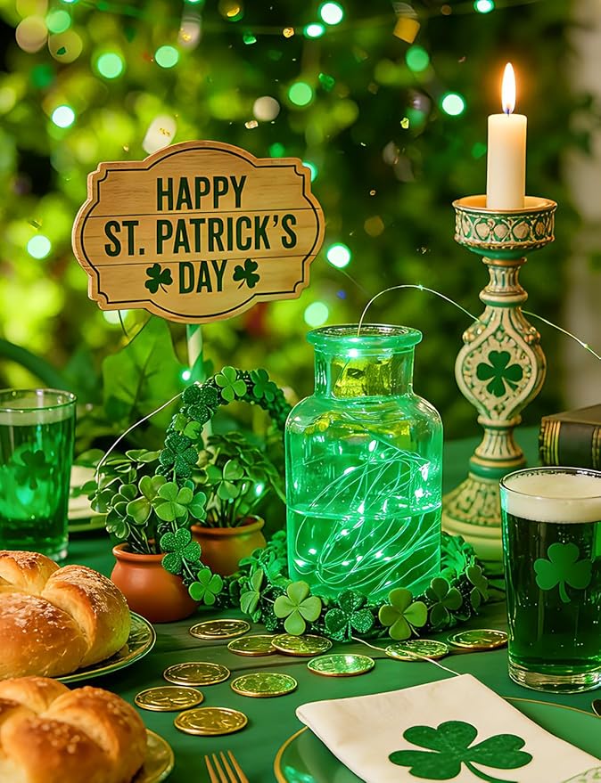 Minetom 12 Pack Green Christmas Lights, St Patricks Day Lights, 7ft 20 LED Fairy Lights Battery Operated String Lights, St Patricks Day Decorations, 8 Modes Timer Waterproof Silver Wire Twinkle Lights