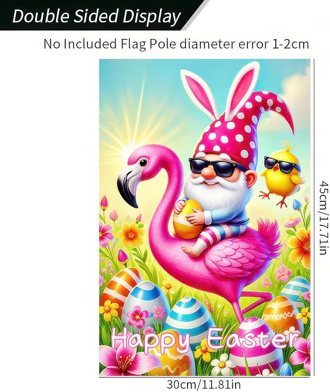 Happy Easter Garden Flag 12x18 Inch Double Sided Gnome Flamingo Bunny with Easter Egg Design Small Outdoor Yard Flag Spring Easter Welcome Banner for Porch Lawn Patio Garden Decor