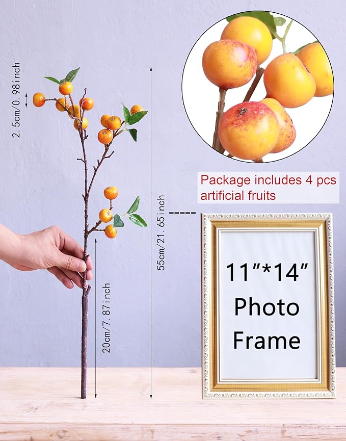 Forlaoers Real Looking 4Pcs 21.6 Inch Orange Artificial Flowers Faux Berries Stems Artificial Berry with Branches for Party Christmas Decorations Bedroom Desk Table Vase Fillers Home Decor