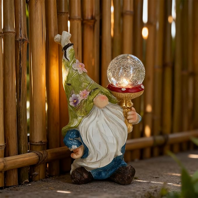 SAMPU CRAFT Garden Gnome Solar Light Statue - Outdoor Decorative Figurine with Crackle Glass Globe, Blue & White Floral Design, Waterproof LED Yard Art for Patio, Lawn, Garden, Porch