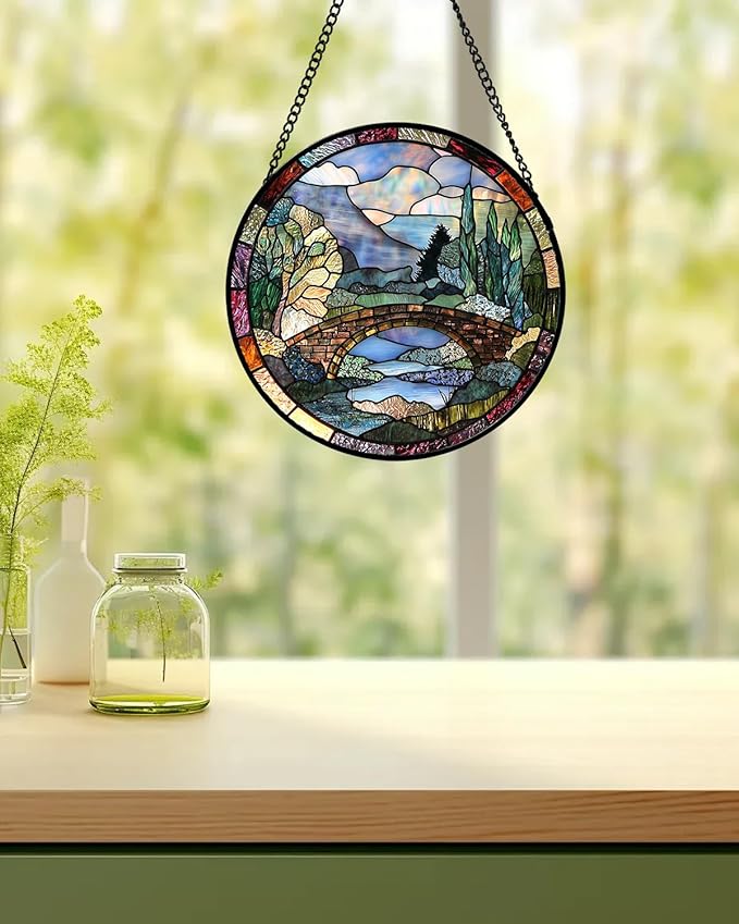 AMDERVEN Stained Glass Window Hanging, Blue Landscape Arch Bridge Sun Catcher for Door Home Decor Suncatcher Christmas Mother's Day Birthday Gifts for Women Men Mom and Nana 7.8 in
