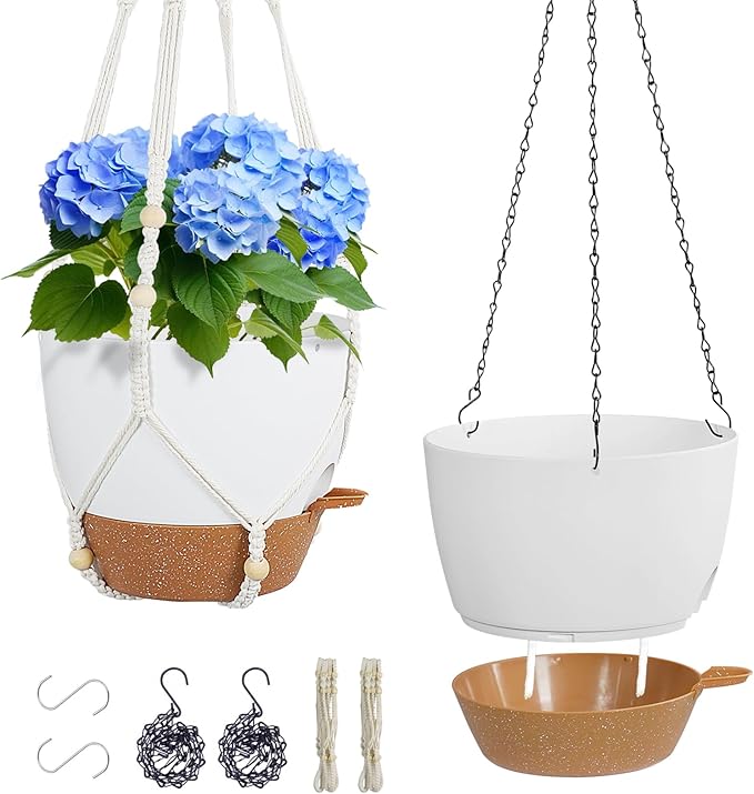 Meowell 10 inch Self Watering Hanging Planters, 2 Pack Hanging Baskets for Indoor Outdoor Plants, Hanging Flower Pots with Drainage Holes & 2 Kinds of Plant Hangers for Garden Home Décor, White Brown