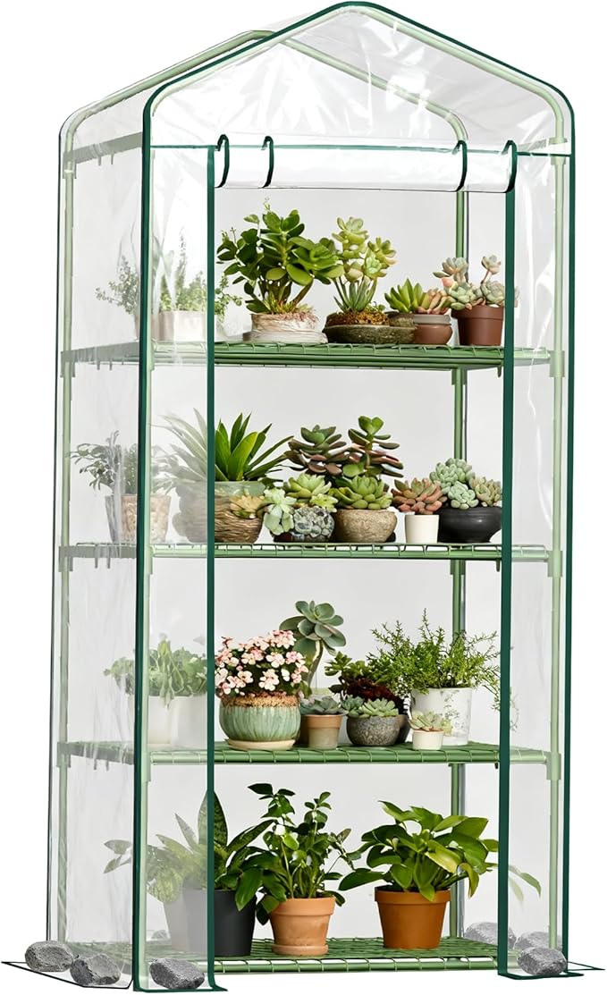 Mini Greenhouse for Outdoor Indoor, 4 Tier Shelves Small Green House for Winter, Portable Greenhouses with PE-Coated Metal Frame Heavy Duty PVC Cover, Plant Rack Stand House 2.3x1.6x5.2ft