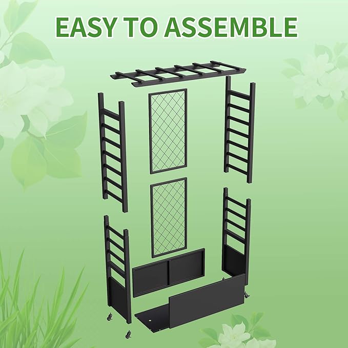 Raised Garden Bed with Trellis & Hanging Roof, Weatherproof Metal Planter Box with Wheels, Garden Arch Trellis for Outdoor Climbing Plants Vines Flowers, 74" H x 44" L x 17" W, Black
