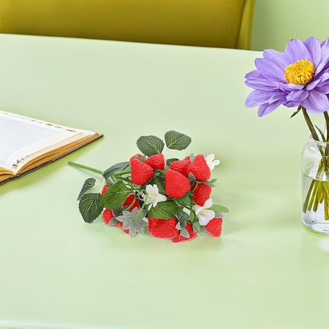 DECHOUS 2Pcs Fake Strawberry Flower Bouquet - Artificial Strawberry Branches Simulated Fruits Flower Arrangement for Home Restaurant Table Wedding Decor