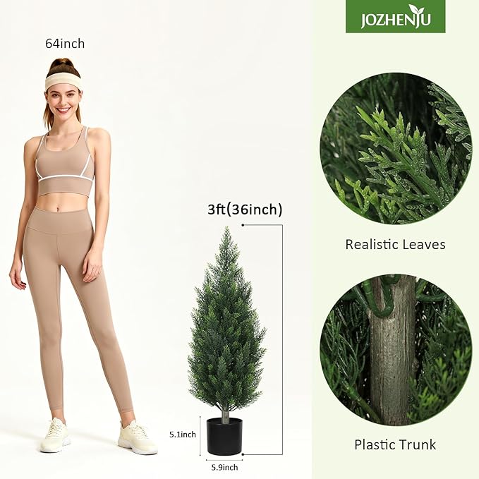Artificial Cedar Trees for Outdoors Indoor - 3ft UV Resistant Faux Topiary Trees for Front Porch Decor, Realistic Potted Cypress Plants for Outside Planters, Fake Pine Shrubs for Home Patio, Set of 2