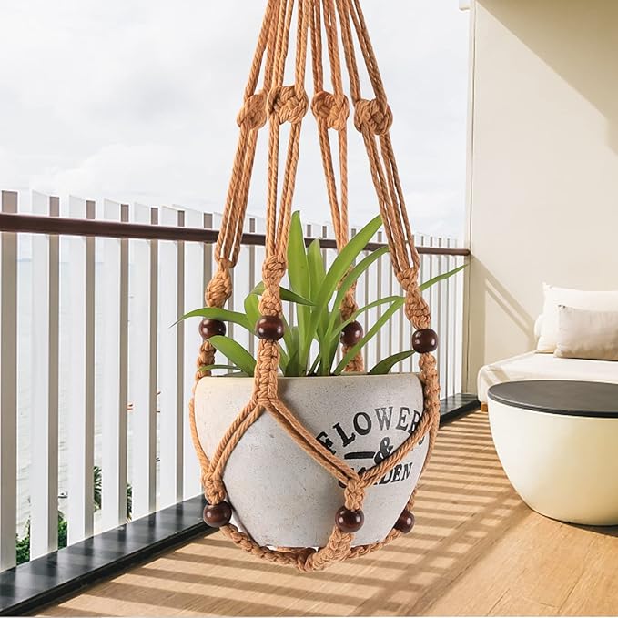 MKO SHUN 3-Pack Macrame Plant Hanger Indoor - Hanging Planter Basket for Indoor Outdoor - Decorative Boho Plant Holders Set with Beads - Ceiling Flower Pot Holder with 6 Hooks - 35"/30"/24" Brown