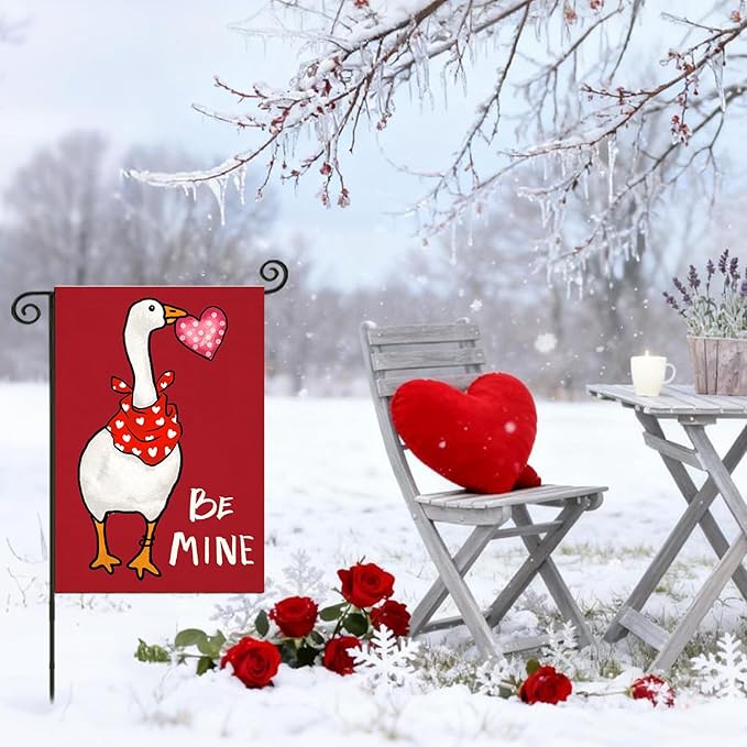Valentines Day Garden Flags 12x18 Inch Double Sided, BE MINE Funny Goose with Love Heart Small Seasonal Decoration for Holiday Anniversary Wedding Yard Outside Outdoor