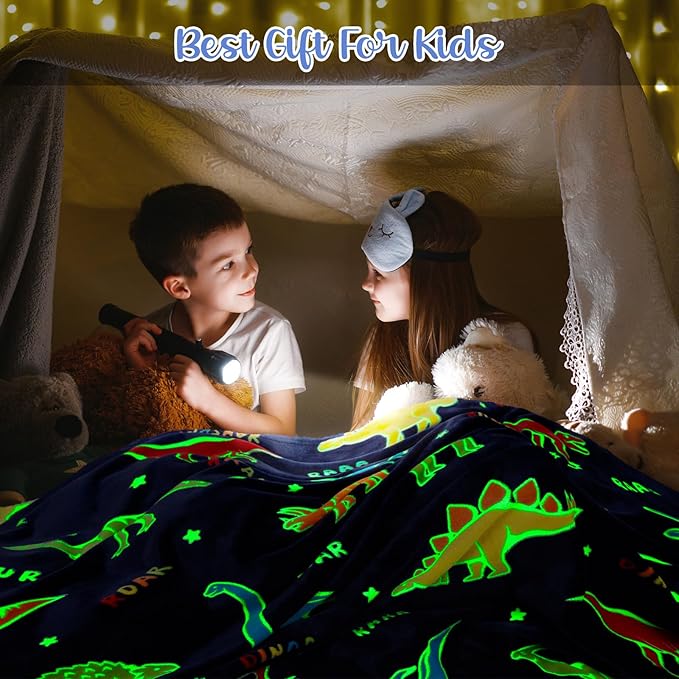 Dinosaur Toys Gifts for Boys Girls - Glow in The Dark Dino Blanket Best Christmas Birthday Valentines Easter Decor Presents for Kids Adults Women Mom Dad Child Teen Son Nephew Soft Plush Throw 60"x80"