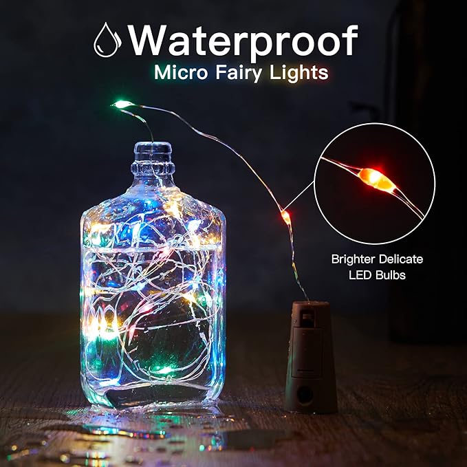 Wine Bottle Lights with Cork, Twinkle Lights 10 Pack 20 LED Waterproof Battery Operated Cork Lights, Silver Wire Mini Fairy Lights for Liquor Bottles DIY Party Christmas Wedding Décor Multicolor