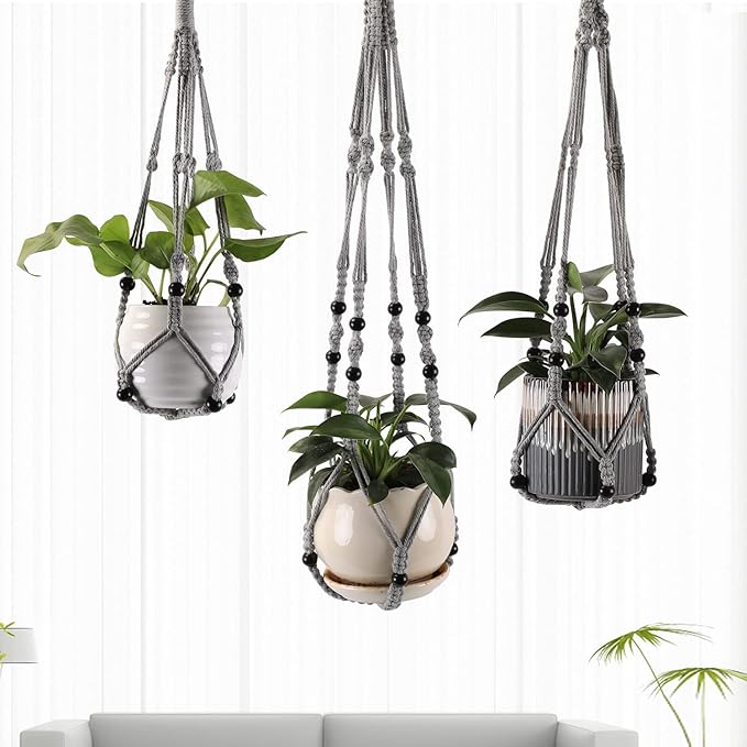 MKO SHUN 3-Pack Macrame Plant Hanger Indoor - Hanging Planter Basket for Indoor Outdoor - Decorative Boho Plant Holders Set with Beads - Ceiling Flower Pot Holder with 6 Hooks - 35"/30"/24" Gray
