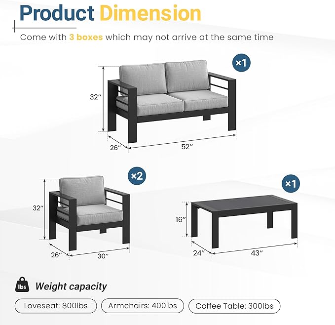 Wisteria Lane Aluminum Patio Furniture Set for All Weather, Oversized Metal Outdoor Furniture Set with 27.5" Deep Seat and 10" Back Cushion, Patio Conversation Sets with Wide armrest, Light Grey