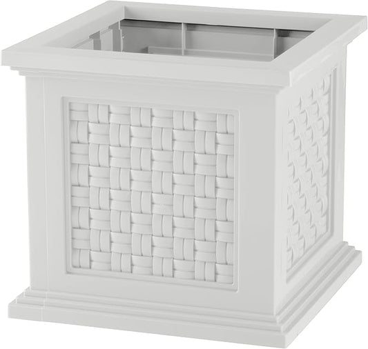 Rattan Style Outdoor Planter Box - 14.65-Inch-Square Decorative Flower or Plant Pot - Garden, Patio and Front Porch Decor by Pure Garden (White)