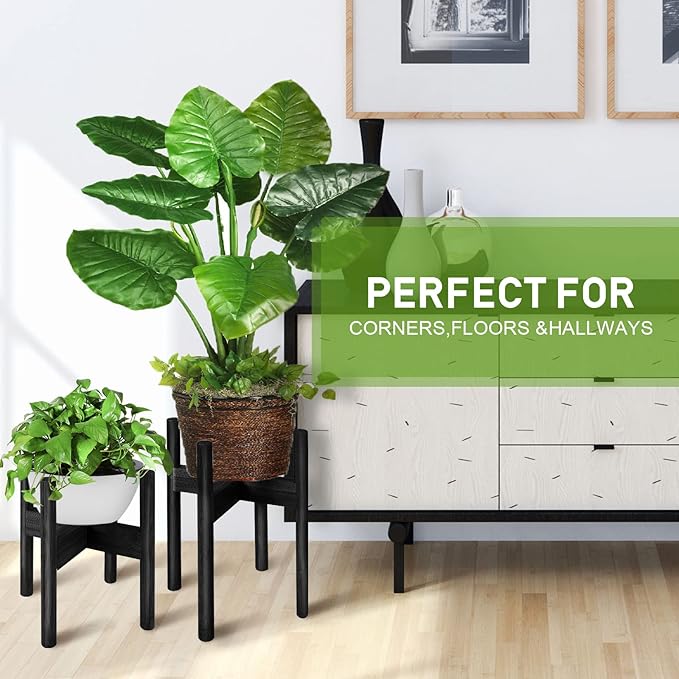 BESHOF 2 Pack Bamboo Plant Stands, Adjustable Plant Stand Indoor, Mid Century Modern Plant Stand, Plant Holder for Living Room, Balcony Fits 8 to 12 Inches Pots (Black)