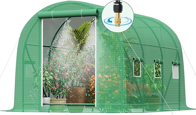 10x7x7 FT Greenhouse for Outdoors with Watering System, Winter Portable GreenHouses with Dual Zippered Door and 6 Roll-up Windows, Large Walk-in Green Houses with Heavy Duty Reinforced Frame