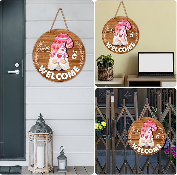 Interchangeable Gnome Welcome Sign Valentine's Day Porch Decor, Changeable Wooden Gnomes Front Door Decoration Wreath Hanger for Spring Summer Fall Winter All Seasons Holiday, Red Brown