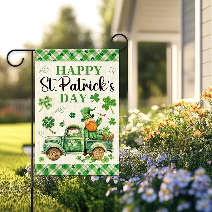 Happy St Patricks Day Garden Flag 12x18 Inch Double Sided,Leprechaun Shamrocks Truck Buffalo Plaid Outdoor Irish Decor House Porch Flag for St Patrick's Day Party and Yard Decorations