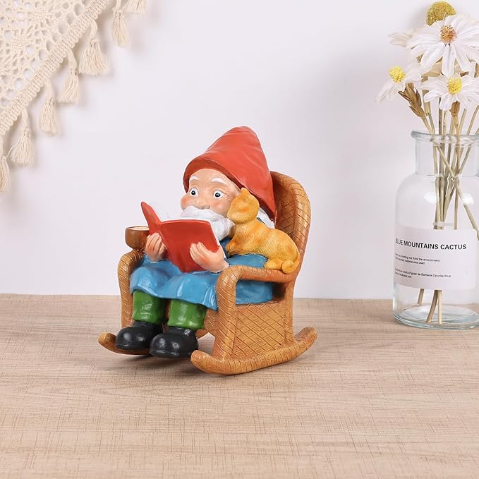 Reading Garden Gnome Statue with Cat and Coffee Cup – 5.3" Resin Gnome Figurine on Rocking Chair, Hand-Painted Funny Gnome Decoration for Yard, Patio, Lawn, or Home Décor