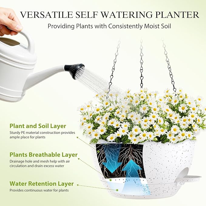 SQKH 12 Inch Hanging Baskets 2 PC with Chains, Self-Watering Hanging Planters for Indoor Outdoor Plants, Plastic Hanging Flower Pots,Speckled White
