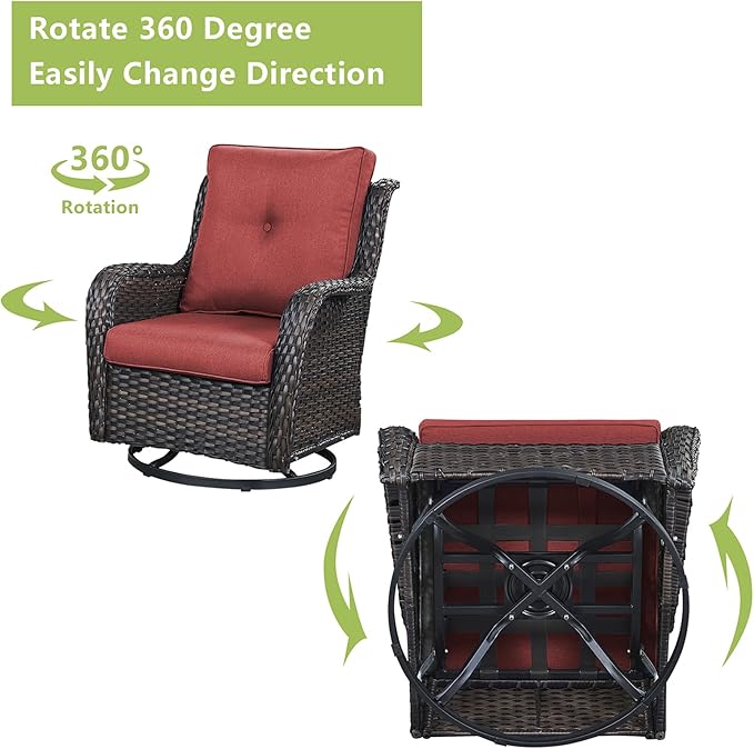 Rilyson Wicker Patio Furniture Set - 6 PC Rattan Outdoor Sectional Conversation Sets with 2 Rocking Swivel Chairs,2 Ottomans and 2 Sofa for Porch Deck Garden(Brown/Red)