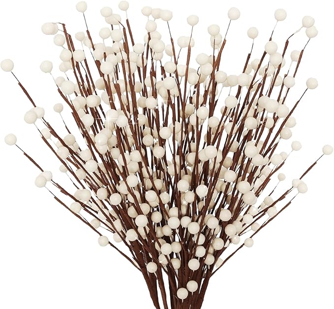 Fumwase 15 Pcs Artificial White Berry Stems and Picks for Christmas Tree, Valentines, Home, Holiday, Wedding, DIY Crafts Decor