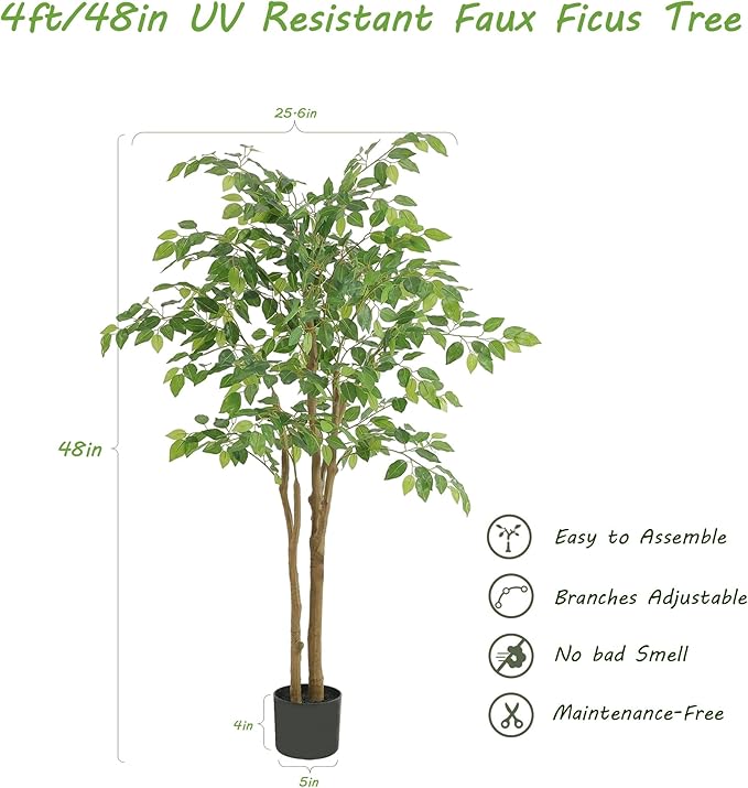 Tall UV Resistant Ficus Tree Artificial，4ft(48in) Faux Ficus Tree with Realistic Smooth and Shiny Leaves， Fake Trees Indoor Outdoor for Home Office Living Room Bedroom Foyer Porch Decor.
