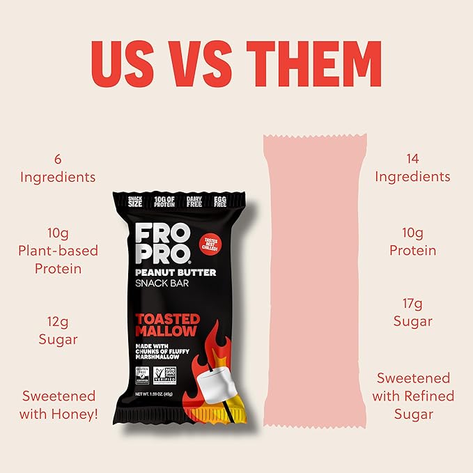 FROPRO Snack Bars - Plant Powered Peanut Butter Protein Bars. All-Natural, Gluten-Free, Dairy-Free, Egg-Free, & Non-GMO | Toasted Mallow, 6 Pack