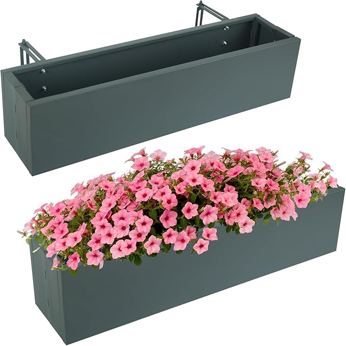 TISUWING 2 Pack Metal Railing Planter Box, 30 Inch Balcony Planters with Adjustable Brackets, Large Hanging Planters for Outdoor Fence Deck