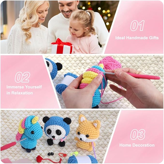Autglint Unicorn Crochet Kit for Beginners - Magical Rainbow Amigurumi DIY Starter Set with Multi-Color Yarn | Step-by-Step Video Lessons & Pre-Started Piece | Dreamy Craft Gift for Teens