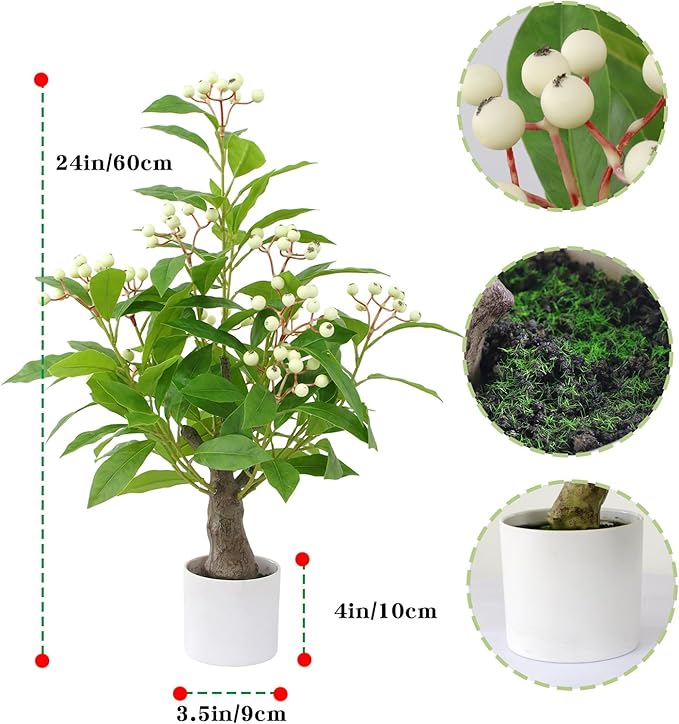 24" Artificial Greenery Tree with Pot, Indoor Fake Green Plant Small Faux Berry Branches Green Potted Tree Stems for Tabletop Desk Office Kitchen Living Room Bedroom Bathroom Home Decor (White Berry)